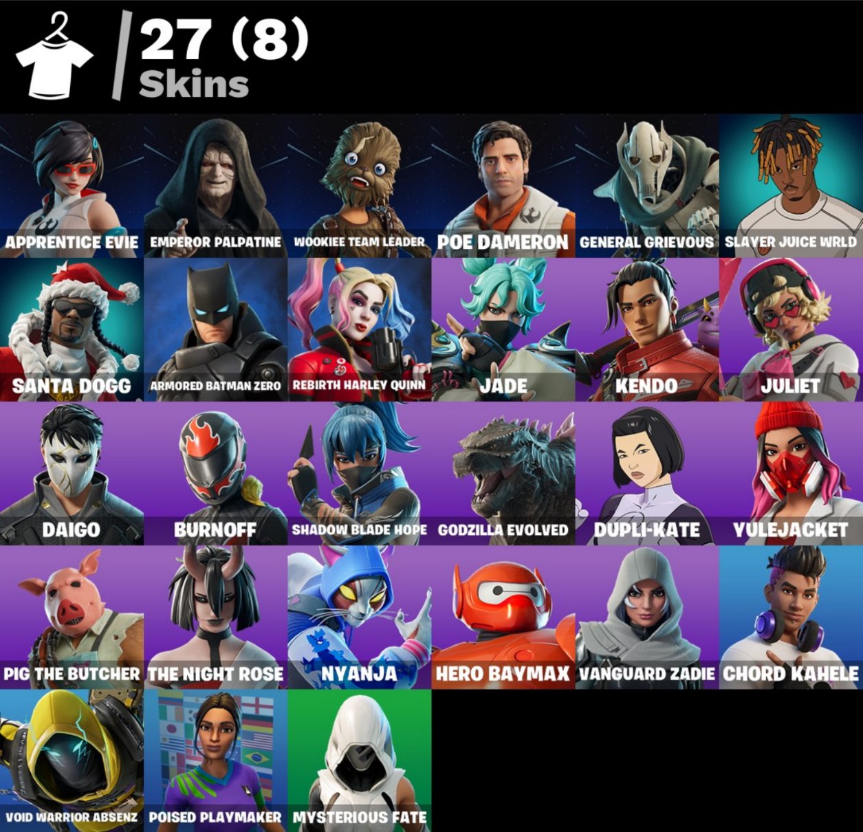 [PC] ⭐ 27 SKINS ⭐ MAIL CHANGE ⭐ 100 VB | Apprentice Evie | Emperor Palpatine ⭐, Sale, skins 27