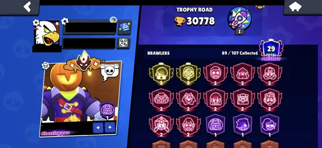 two 3 prime🏆 3 new master🏆9 full buffy🏆 1 pass+🏆30k🏆10-2prime, 30000 trophies, 89 brawlers, 29 primes