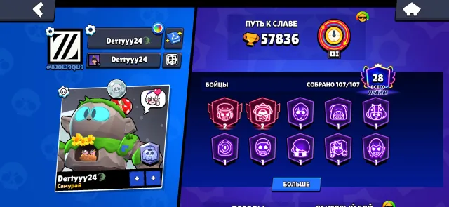 my personal clean account, played by me only, account old from 2019, 57800 trophies, 107 brawlers, 28 primes