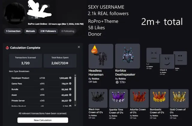 korblok+headless, total almost 2 million robux, a bunch of accessories and items., Sale, Voice chat: Available