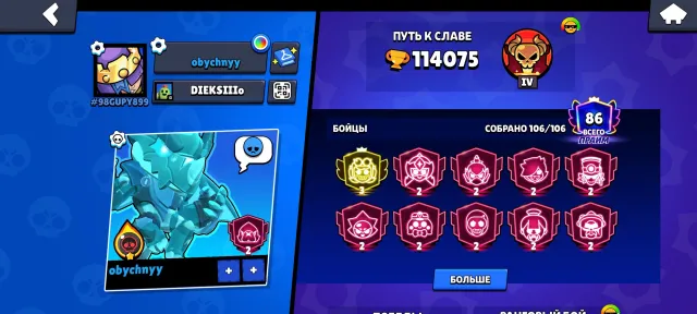 Top account with master and 3p🐝, 114075 trophies, 106 brawlers, 86 primes