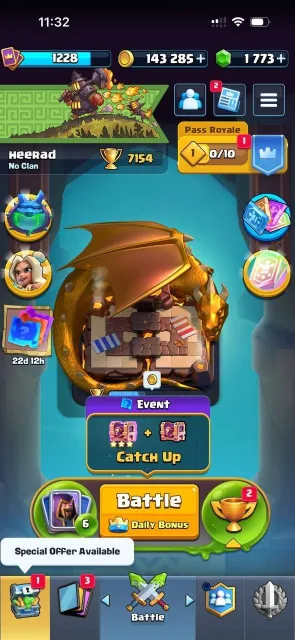 🏆7154 CUPS🏆⚡1228 LVL⚡🧬6 EVOLUTIONS🧬💎1773 GEMS💎🃏117/123 CARDS🃏🎭25 EMOJIS🎭💰143K COINS💰🔥POWERFUL LEVELING UP🔥, 19 arena, 1228 level, 7100 trophies, 117 cards, 19 leg, Available