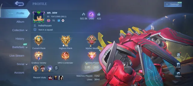 🔰PRIME GRANGER🔰 COLLECTOR 🔰MAXED HERO🔰MAXED EMBLEM🔰, Sale, Rank: Mythical Immortal, Level: 108, Winrate: 51%, Heroes: 130, Skins: 265