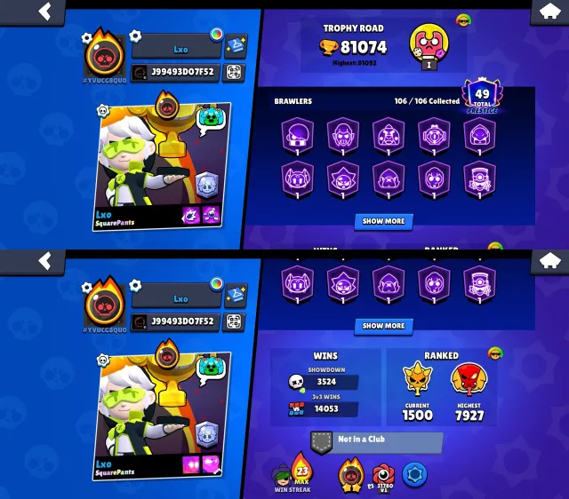 🏆𝟴𝟭𝐊🏆【🎫𝟭𝟬 BRAWL PASS+🎫】👤1О6/1О6👤𝟰𝟭𝟱 СКИНОВ~46k💎❰𝟵𝟬 11-x C HYPER❱📹ВИДЕООБЗОР📹, 81000 кубков, 106 бравлеров, 49 праймов