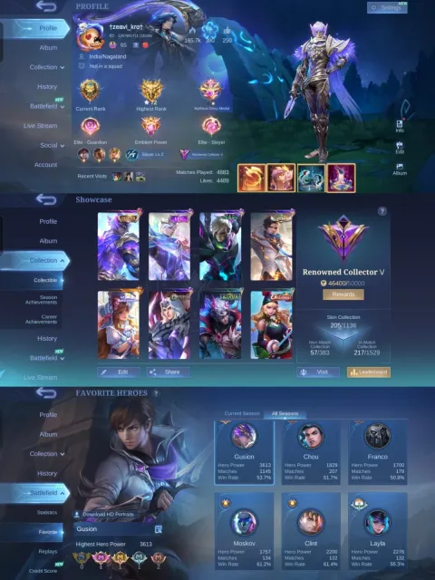 🦉 Gusion Night Owl 🐉 Lancelot Dragon Tamer 🎯 Granger Lightborn ☠️ Gusion Venom, Продажа, Ранг: Мифический, Уровень: 65, Процент побед: 55%, Герои: 102, Облики: 205