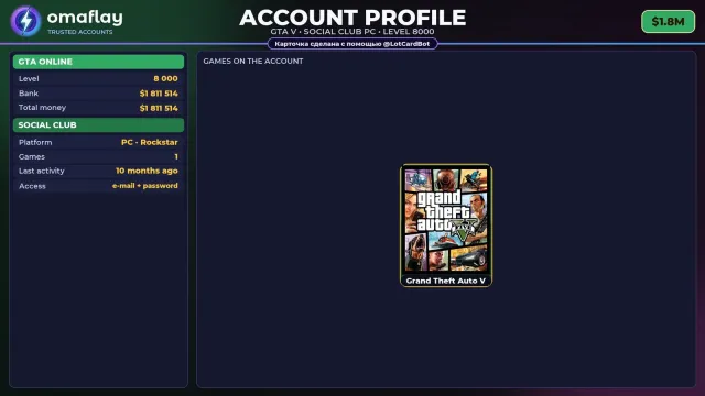 ⚡ 【SOCIAL CLUB】 💎 ПОЛНЫЙ ДОСТУП | ПОДХОДИТ ДЛЯ ONLINE/RP | УРОВЕНЬ 8000 💎 $1.8M #4E1GC1, Продажа
