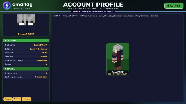 ⚡ 【MINECRAFT】 💎 JAVA + BEDROCK | 8 CAPES: Aurora 💎 FULL ACCESS | NO BAN HYPIXEL (1 LVL) #4EBNZB, Sale, All account data