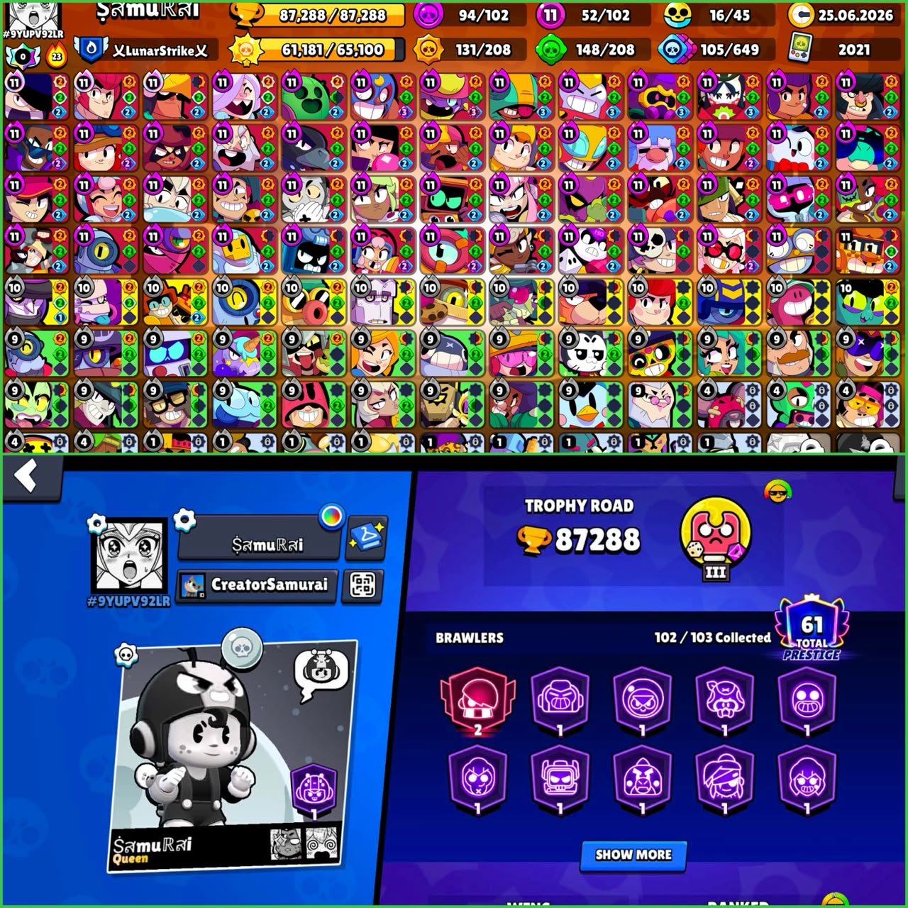 ▣ High Trophy 87K ▣ 102 Brawlers ▣ 52x Max ▣ 51 Hypercharged ▣ 321 Skins ▣, trophies 87000, brawlers 102