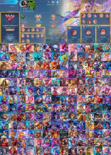 Lunox Legendary 🖤 Cecilion Soul Vessels 💎 Floryn Collector 💖 Angela Collector ⛩️ Kagura Exorcist, Продажа, Ранг: Мифический Бессмертный, Уровень: 75, Процент побед: 55%, Герои: 133, Облики: 433