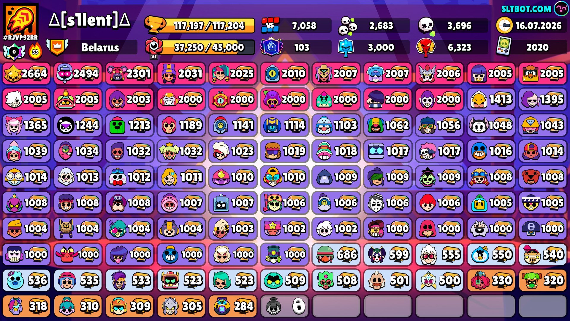 praymov2️⃣ 🏆115k🏆🏅 102 Maxed Brawlers🏅👤104/104 Brawlers, trophies 117000, brawlers 104, primes 103