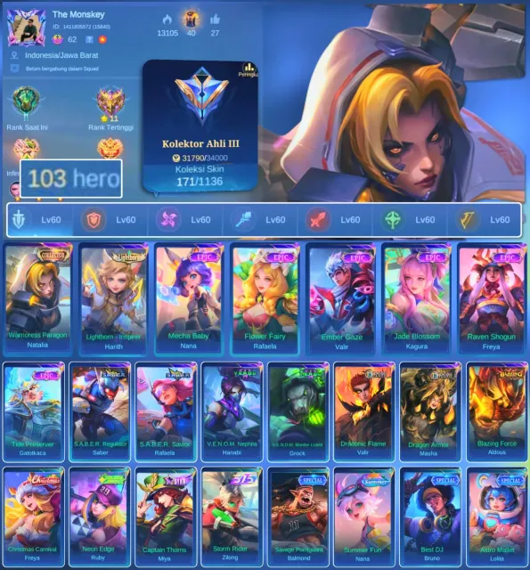 HERO 103, SKIN 171 | ALL EMBLEMS MAXED 111K COINS, Sale, Rank: Epic, Level: 62, Win Rate: 47%, Heroes: 103, Skins: 171