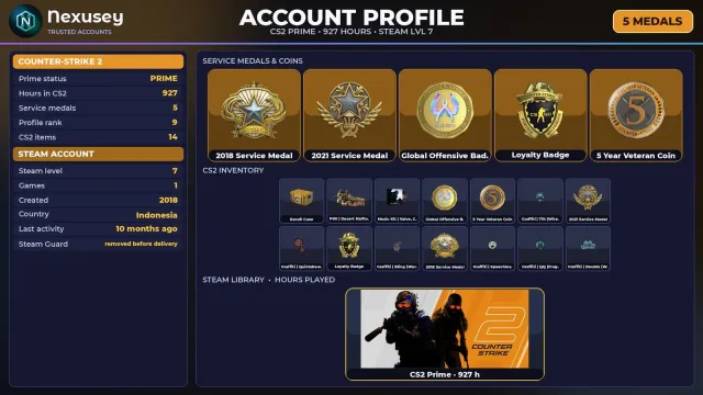 🚀 【CS2 PRIME】 ✨ +5 RARE MEDALS: SERVICE 2018 · SERVICE 2021 · GO ✨ 2018 | FULL ACCESS #48X6M2, Sale, With inventory, Has PRIME