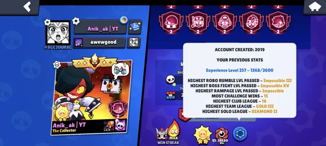 OG account 2019. 108k trophies. 86 Primes. 105/105 brawlers. Former Masters. 59 Power 11s. 83 Hypers, trophies 108137, brawlers 105, primes 86