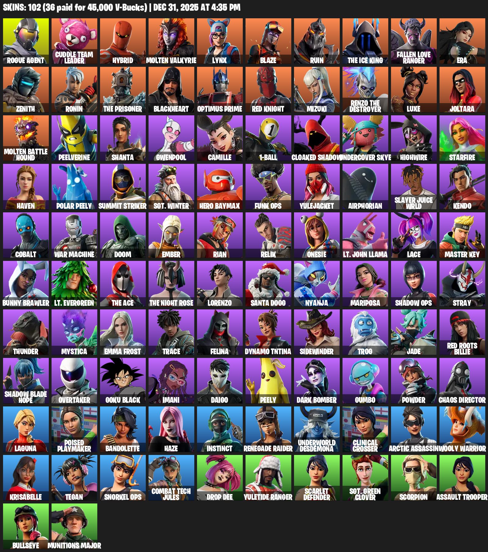 🌸102 SKINS💎Rogue Agent💎Cuddle Team Leader💎Reaper💎Orange Justice💎Legit💎✨ Full access✨, Sale, skins 102
