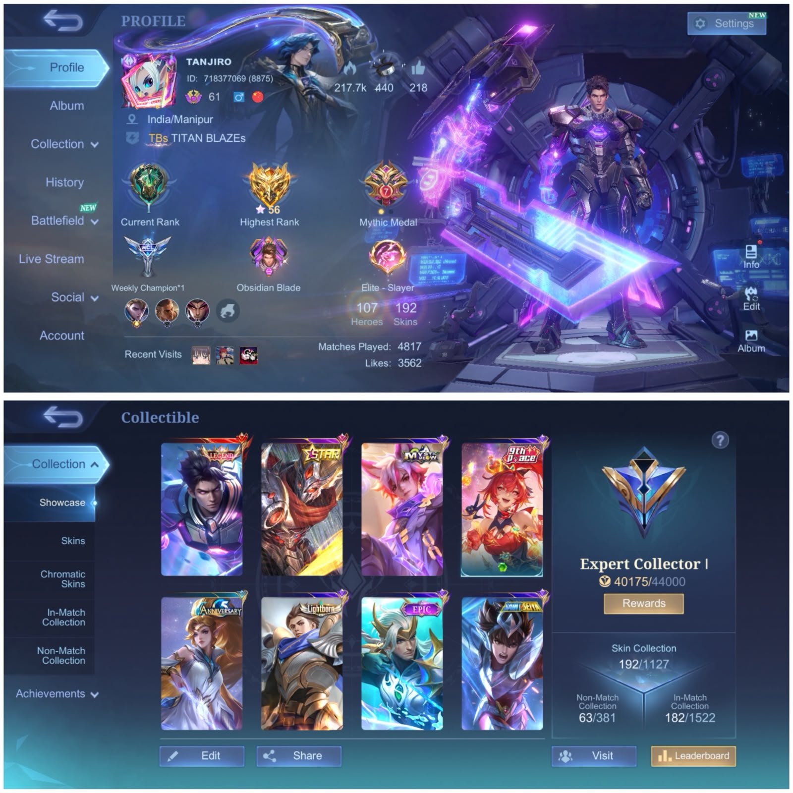 Legend Alucard, Gold Star Hayabusa, Meowkin Julian, P.ACE Fanny, Global 🔥, Sale, Rank: Mythic, Level: 91, Winrate: 50%, Heroes: 107, Skins: 192