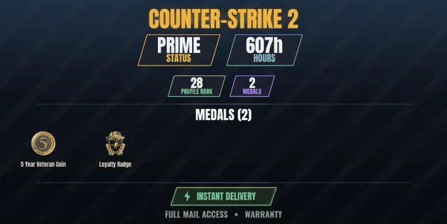 CS2 Prime🎮607h💠2 medals | Loyalty Badge, 5 Year Veteran Coin | Trove, Sale, Inventory empty, Has PRIME