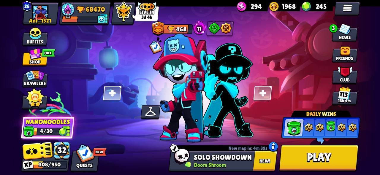 68k 🏆, 104 Brawlers + Sirius, 13 Legendaries, 57 Power 11s + 57 Hypercharges, 245 Gems, 380 skins, trophies 68000, brawlers 104