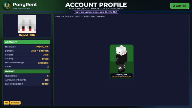 🦄 「MINECRAFT」 JAVA + BEDROCK ♡ 2 CAPES: Pan ♡ FULL ACCESS ♡ NO BAN HYPIXEL (5 LVL) 🌸 #4FR57Y, Sale, All account data