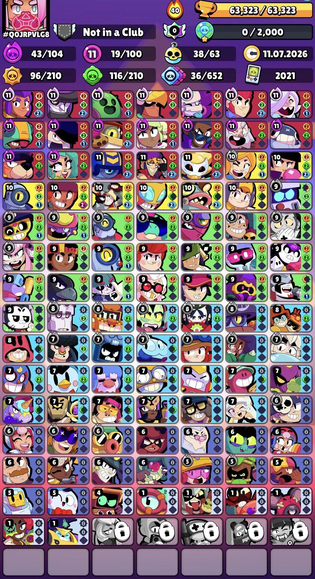 🔴AUTO-ISSUE🔴63300🏆100/104🔥19-11 STR🌈15 MYTHIC SKINS🌟8 LEG🔥LEGENDARY LEAGUE💥2021🔴40 PRIME🔴, trophies 63300, brawlers 100, primes 40