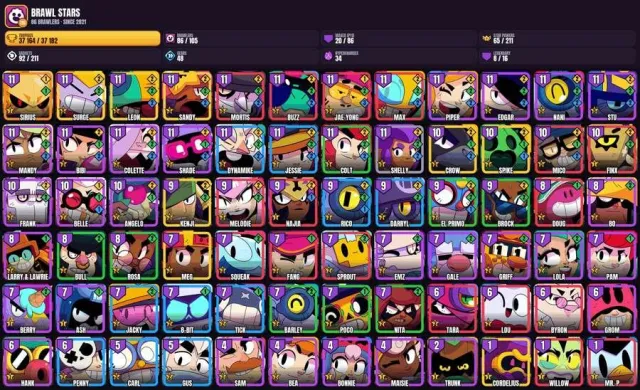 86 brawlers 💎 175 OLD OG skins 🎯 20 max 💎 34 hyper 🏆 16 prestige 🎮 37.2K, 37164 trophies, 86 brawlers
