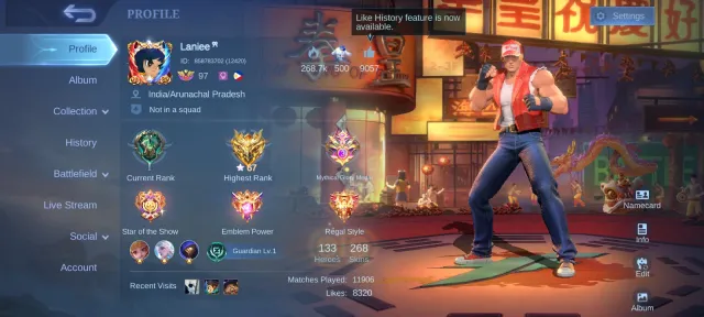 KOF Pakito Aurora Karina, Aspiring Angel, Luckybox, STUN Chou, TP Lightning, Global 🔥, Sale, Rank: Mythical Glory, Level: 127, Win Rate: 49%, Heroes: 133, Skins: 268