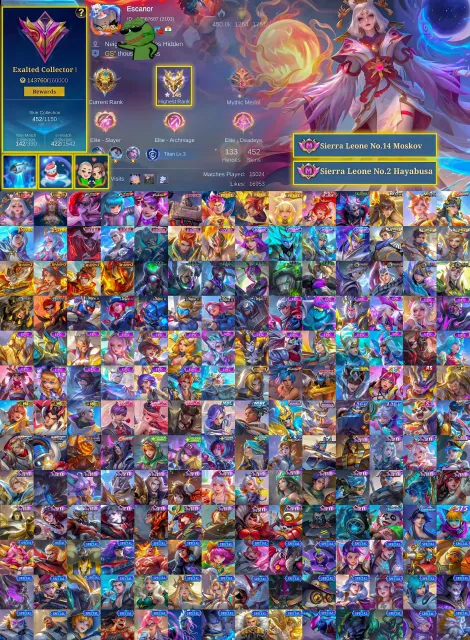 🔥 EXALTED 1👑 Lunox Legend 🥊 Chou KOF 💜 Guinevere KOF 🤖 Granger Transformers ⭐ Claude & Beatrix Prime, Продажа, Ранг: Мифический Бессмертный, Уровень: 136, Процент побед: 70%, Герої: 133, Облики: 452