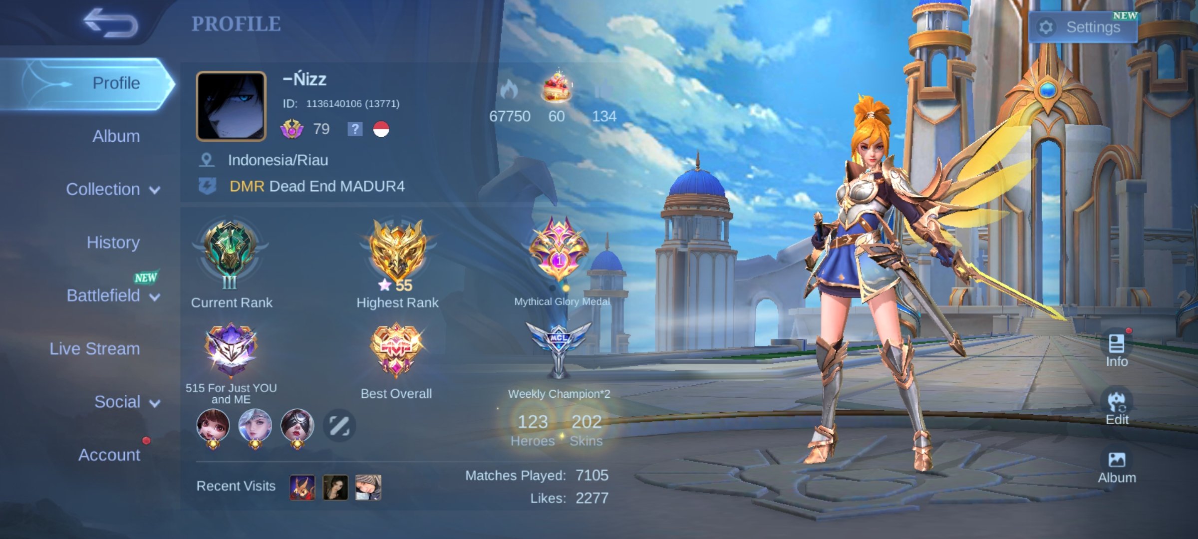 SAFE & CHEAP |EMBLEM MAX, NATALIA COLLECTOR AND HAVE 28 EPIC SKIN, Sale, Rank: Epic, Level: 109, Winrate: 50%, Heroes: 23, Skins: 202