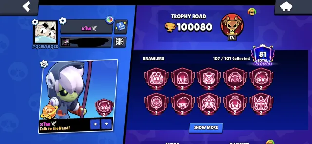 Quite an old account for comfortable play, 100080 trophies, 107 brawlers, 81 primes