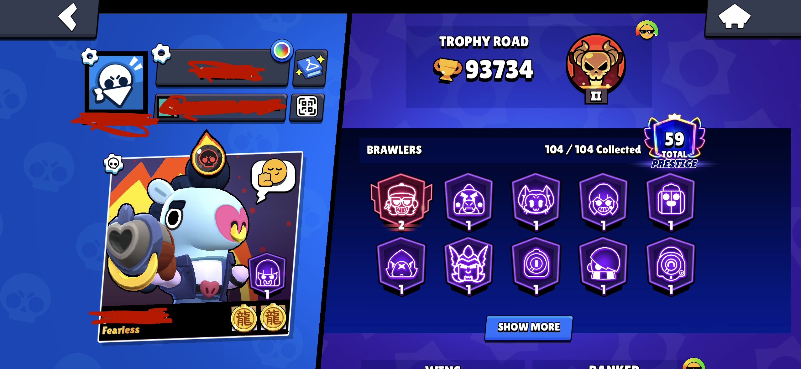 Brawl stars acount, trophies 93734, brawlers 104, primes 59