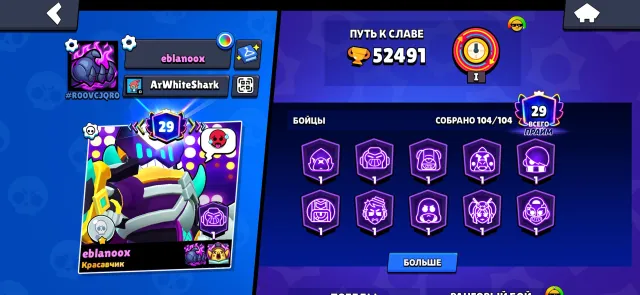 Best on this many, trophies 52491, brawlers 104, primes 29