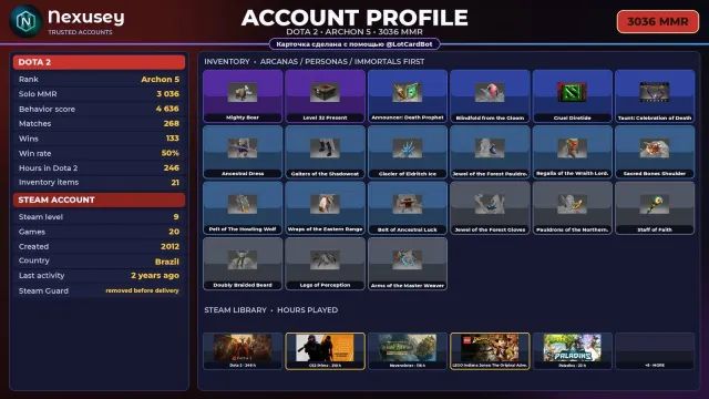 🚀 ⟦ DOTA 2 ⟧ HERO 5 · 3036 MMR (RANKING) ✦ 4636 BEHAVIOR ✦ FULL ACCESS ✨ #3Y912Y, Sale, 3036 MMR, 4636 behavior, 4636 politeness, 268 matches
