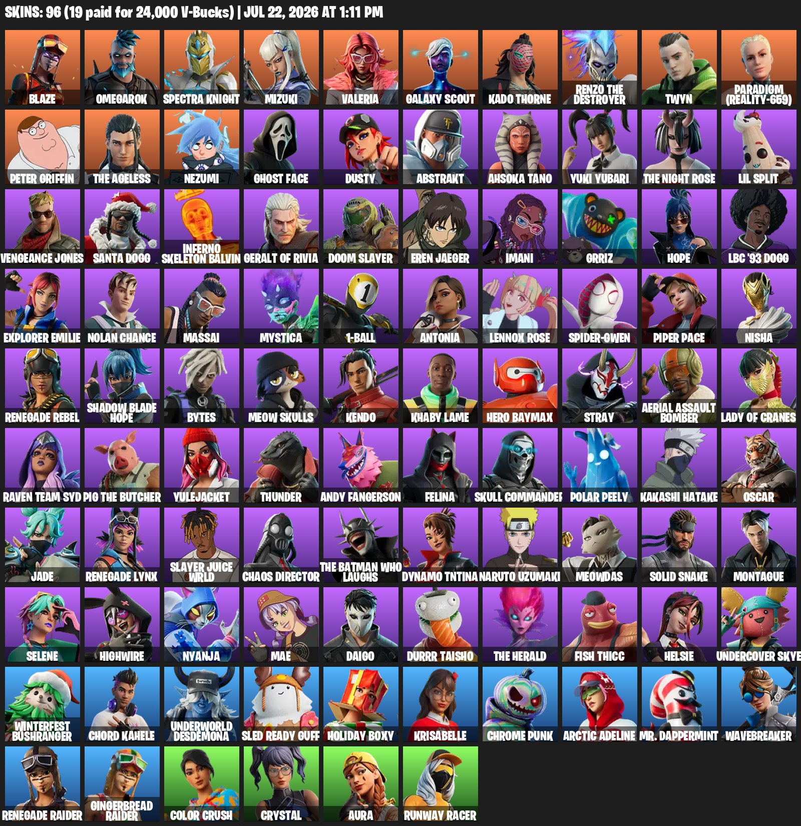 Account 96 skins, Sale, skins 96
