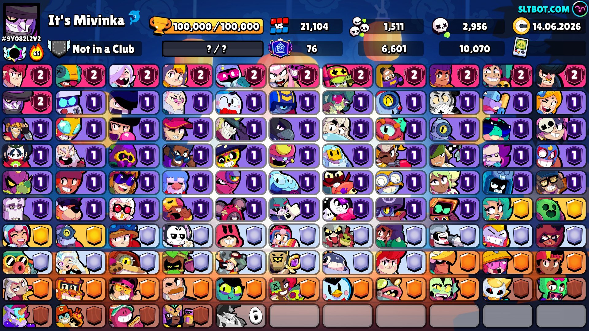 100k trophies, 70 11 power lvl 10k elo peak, trophies 100000, brawlers 103, primes 75