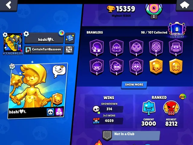 very good account for league, 3 legendaries record, 15359 trophies, 98 brawlers, 8 primes