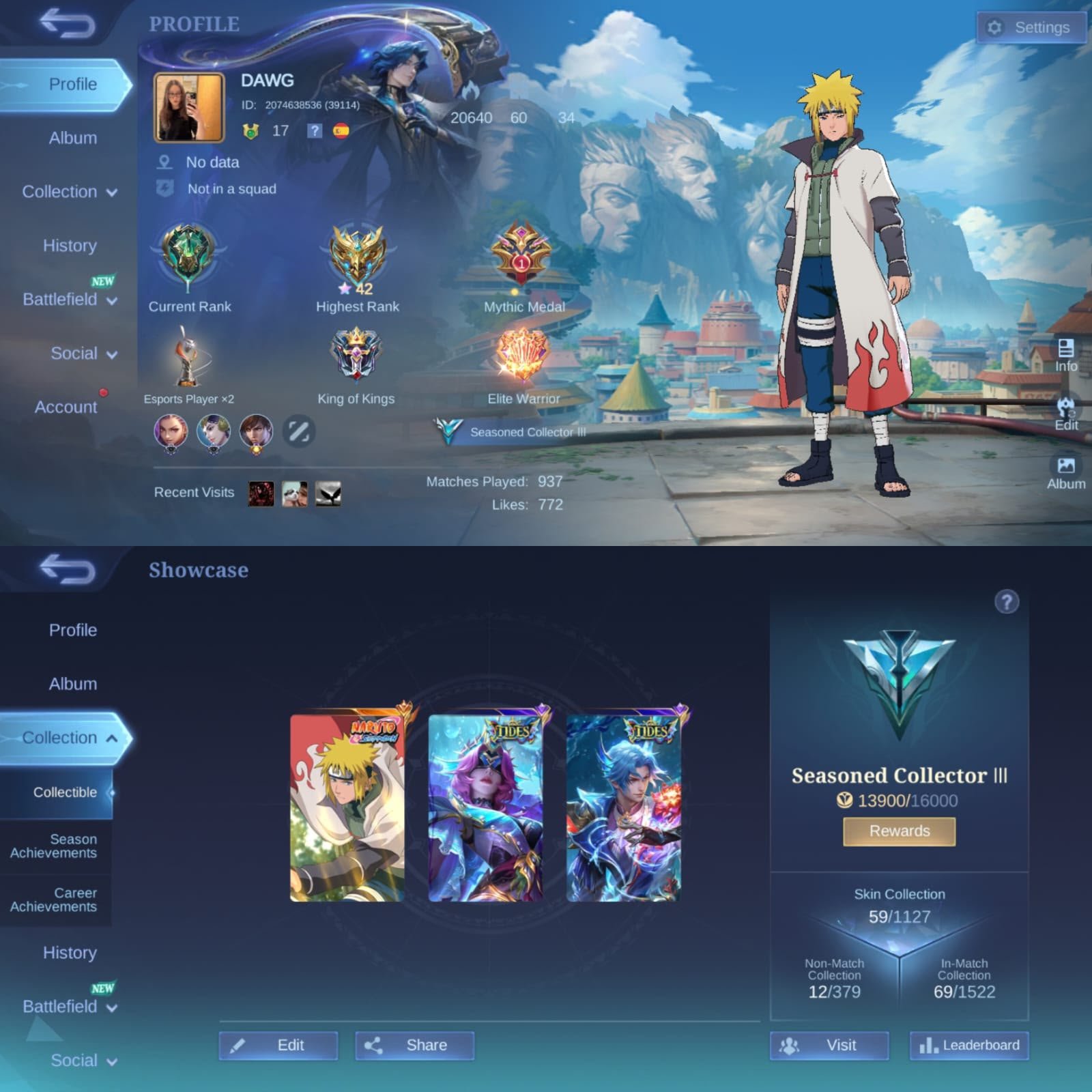 Minato Gusion Low Matches Good WR, Tides Ling, Tides Pharsa, Global 🔥, Sale, Rank: Mythic, Level: 47, Winrate: 53%, Heroes: 30, Skins: 59