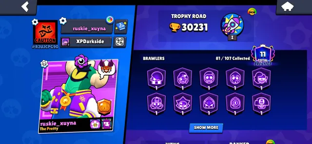 ACCOUNT 23 YEARS OLD MANY BRAWLERS AND HAS GOOD SKINS, 30231 trophies, 81 brawlers, 11 primes
