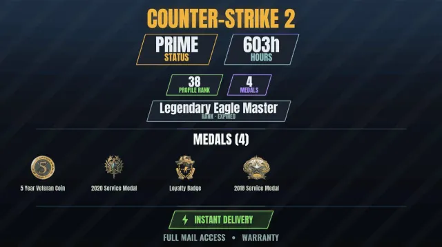【CS2 Prime🎯603h👑4 medals】 Service Medal 2018, Service Medal 2020, Loyalty Badge, Coin, Sale, With inventory, Has PRIME