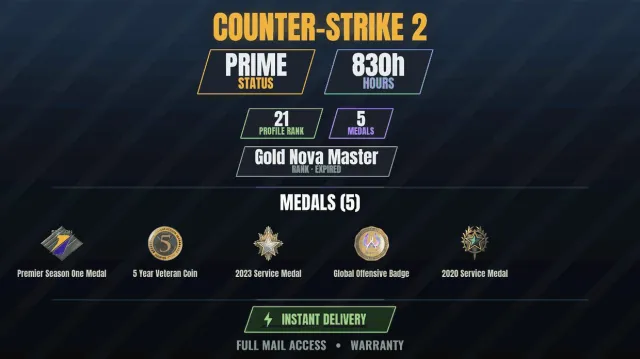 【CS2 Prime👑830h✨5 medals】【RUST】 Service Medal 2020, Service Medal 2023, Premier Medal, season, Sale, With inventory, Has PRIME