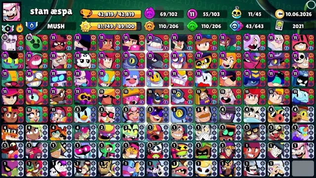 ALL BRAWLERS | 55 FULL | 41 HYPER | 500K GOLD | 180K STARPOINTS | 150K BLINGS | 2K GEMS, trophies 46000, brawlers 105, primes 17