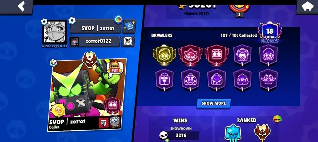 MASTER 2025 AND A BUNCH OF OLD SKINS (Virus 8-Bit, BP with Buzz, Ash, Lola, Buster); 3 PRESTIGE, 50201 trophies, 107 brawlers, 18 primes