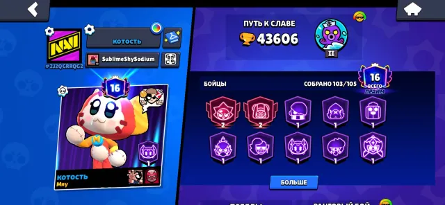 Account with all brawlers, 43606 trophies, 106 brawlers, 16 primes
