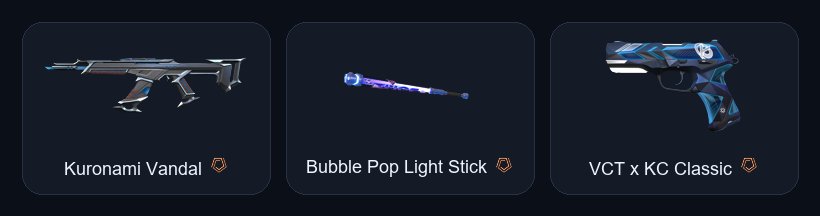 【 Kuronami Vandal 】 【 Bubble Pop Light Stick 】 【 VCT x KC Classic 】 【 Gaia's Vengeance Vandal 】, Sale, Bronze 3, Agents: 24, Skins: 17