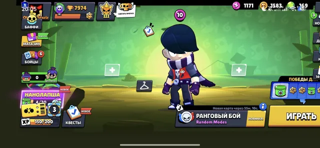 The account has 169 gems, 22449 pancakes, 7974 cups, etc., trophies 7974, brawlers 73, primes 1