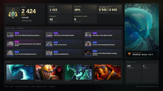 ✨Герой 2 ≈ 2424 MMR✅8945 ПОРЯДОЧНОСТЬ✅✨Скины✨⚔️42 трофей⚔️🎯8 ЖЕТОНОВ, Продажа, 2424 MMR, 8945 порядочності, 8945 вежливості, 1415 матчів, 1583 годин
