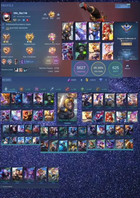 [SEA/GLOBAL] Ex-Glory 66⭐ | 150 skin | Collector Natalia, Lightborn Fanny |, Sale, Rank: Mythic, Level: 58, Winrate: 46%, Heroes: 99, Skins: 150