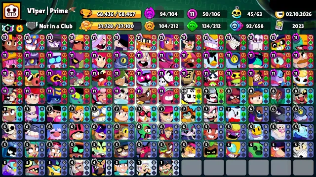 🏆68000🏆💵2 BP+💵⚔️50x11 POWER⚔️⭐45 BUFFS⭐🔥1 SKIN KEY🔥🩸V8-BIT🩸🔥DRAGON GRIFF🔥🎁SANTA STU🎁, 68436 trophies, 106 brawlers, 44 primes