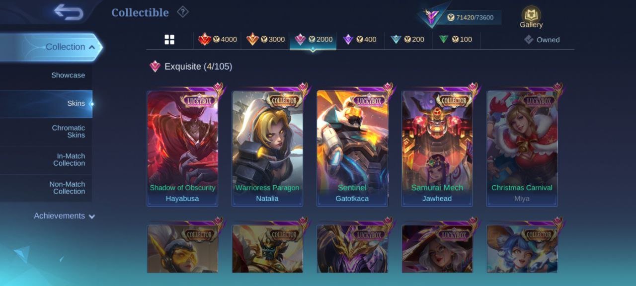 ✅308 skins✅💥Collectible jaw> LUCKY Hayabusa Gatotkaza💥, Sale, Rank: Mythic, Level: 108, Winrate: 56%, Heroes: 130, Skins: 308