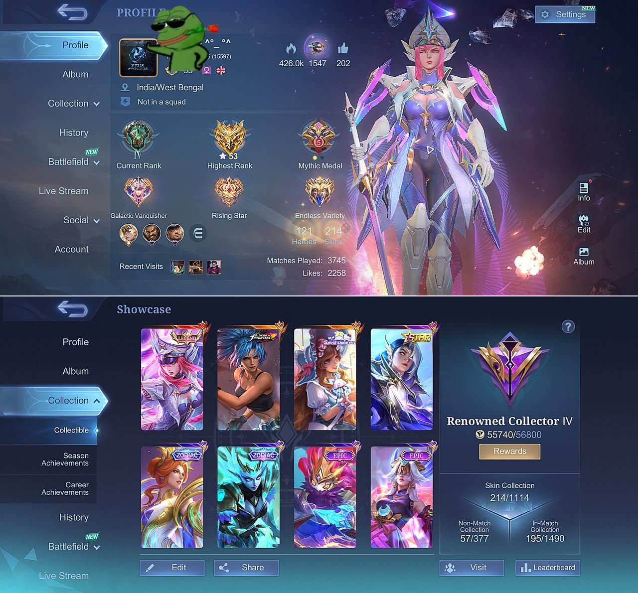 🔥 MOBILE LEGENDS ACCOUNT 🔥 👑 Freya Legend ⭐ Lesley Golden Star 🥊 Karina KOF ♐ Selena Zodiac, Sale, Rank: Mythic, Level: 55, Winrate: 55%, Heroes: 121, Skins: 214