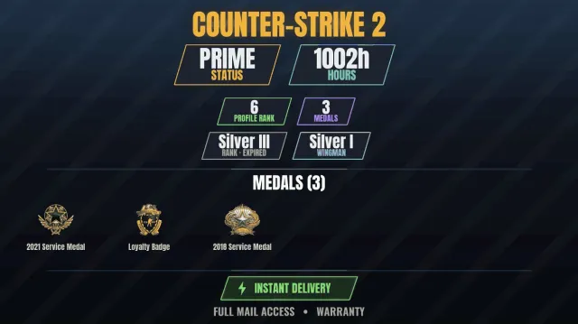 【CS2 Prime👑1000h✨3 medals】 Service Medal 2018, Service Medal 2021, Loyalty Badge, Sale, With inventory, Has PRIME