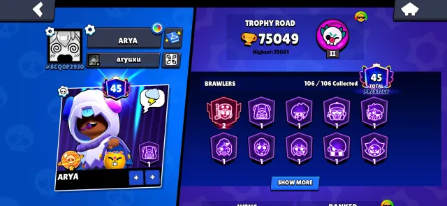 👾BRAWL STARS ACCOUNT 106 BRAWLERS, REBINDING👾, 76212 trophies, 107 brawlers, 46 primes